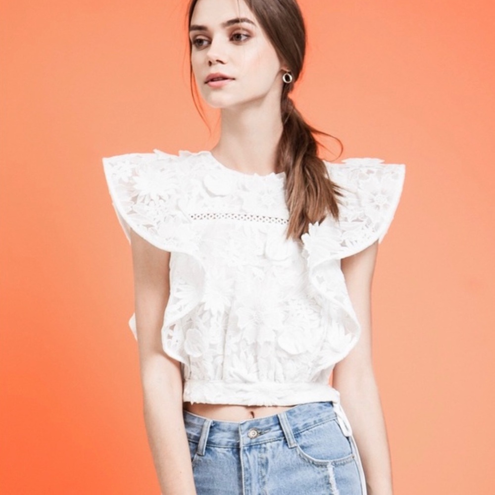 J.O.A Ruffle Sleeve Lace Crop Top
